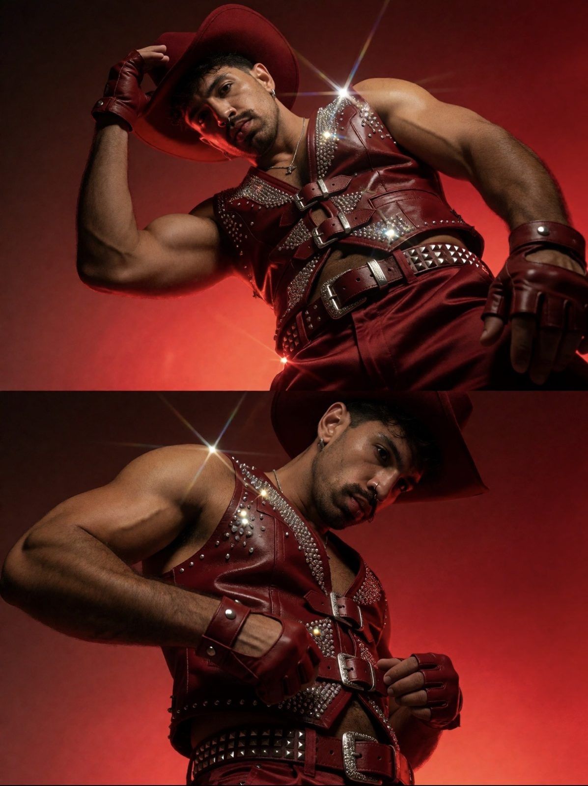 Joy Terra de colete de couro vermelho com strass, visto de baixo