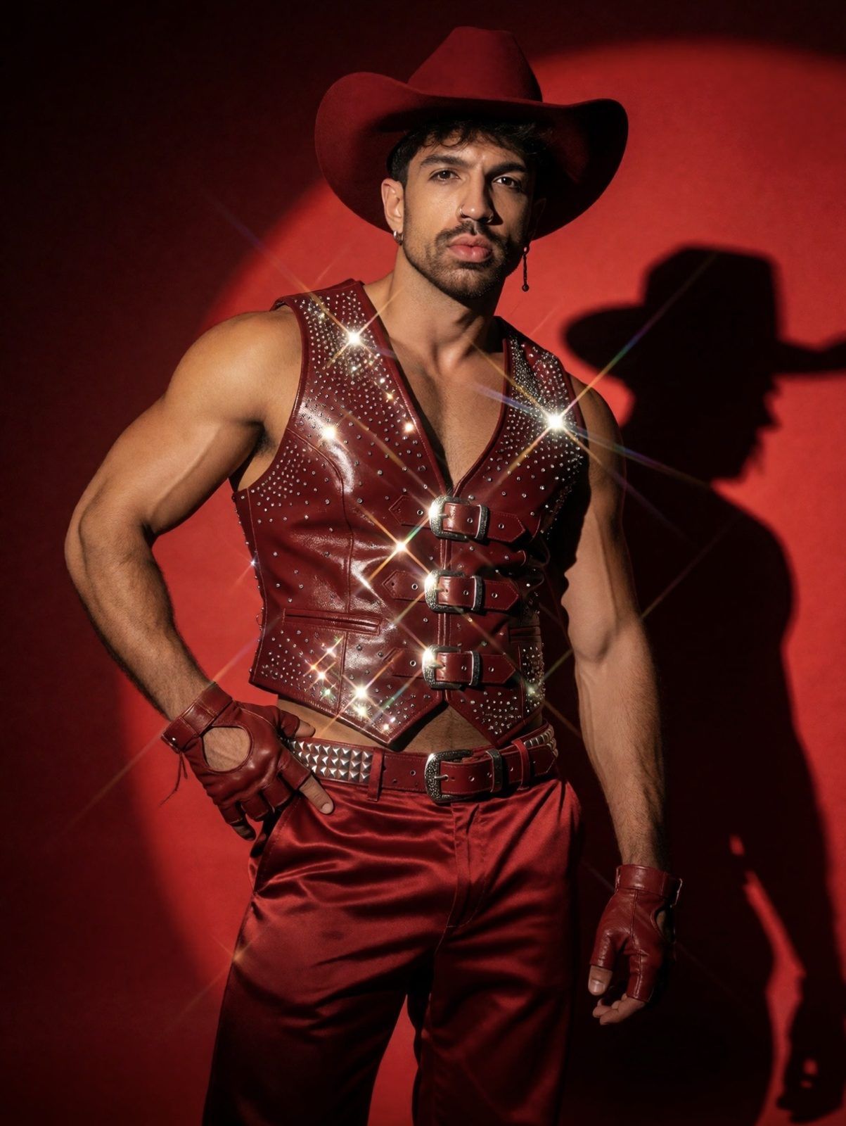 Joy Terra de colete vermelho com strass sob o holofote, com a sombra na parede
