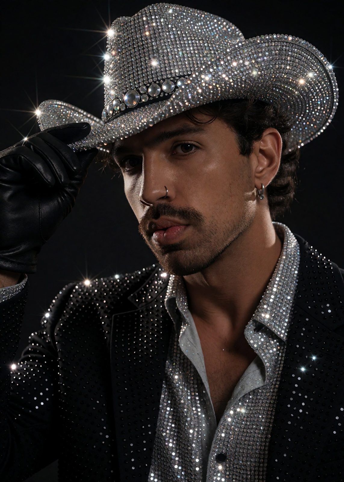 Joy Terra com chapéu de cowboy coberto de strass prateado